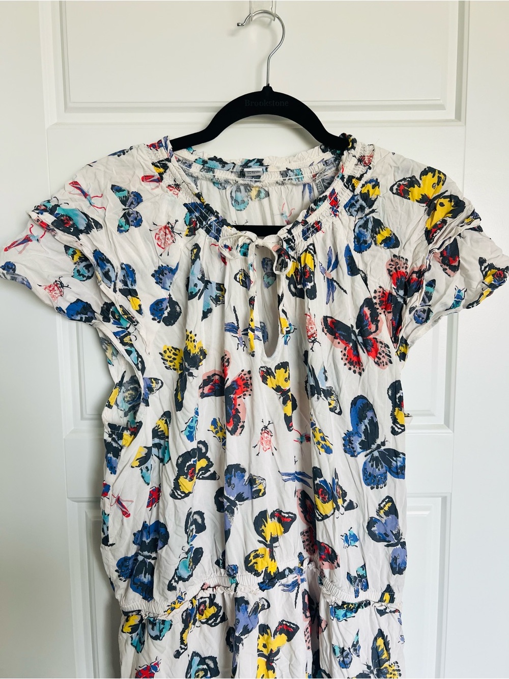 Old Navy White Butterfly-Print Short-Sleeve Dress with Blue, Yellow, Red Accent